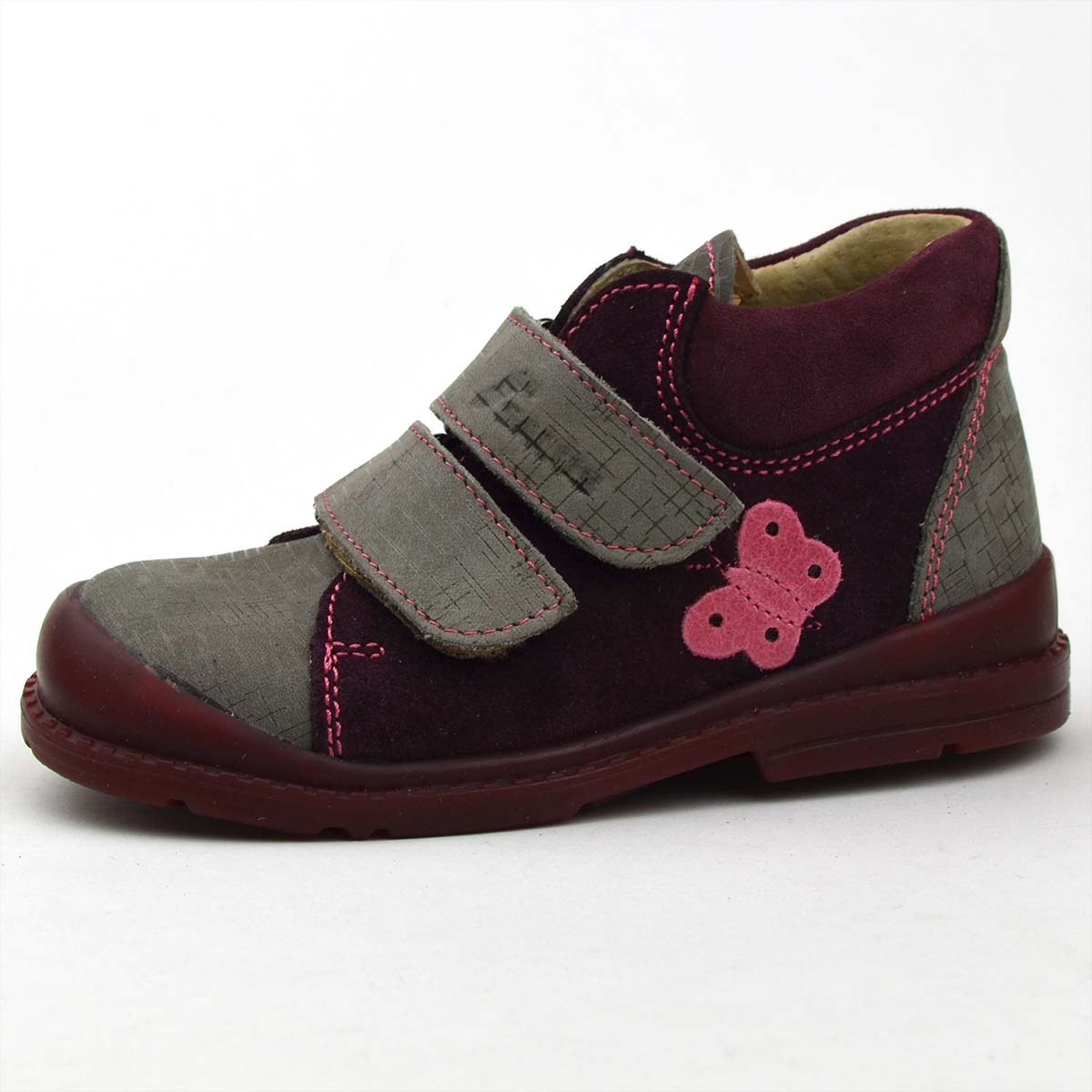 F68 Salus kislány félcipő szürke - bordó színben, pillangóval az oldalán F68 Salus kislány félcipő szürke - bordó színben, pillangóval az oldalán