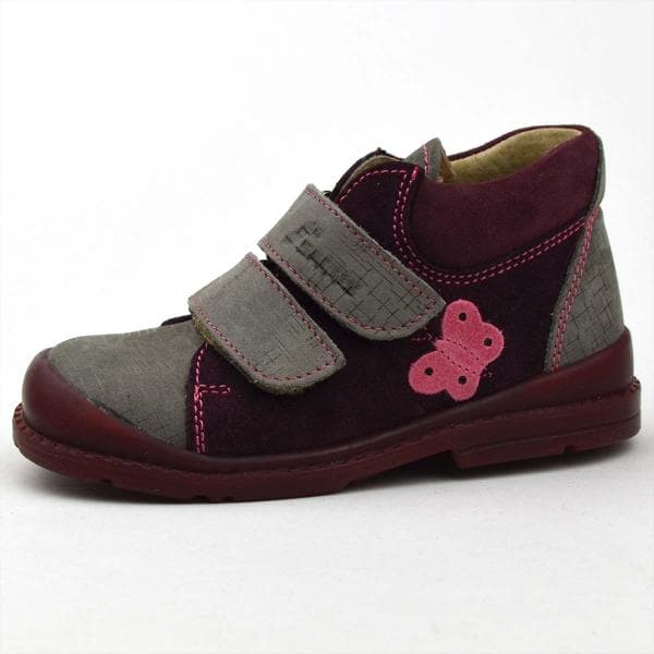 F68 Salus kislány félcipő szürke - bordó színben, pillangóval az oldalán F68 Salus kislány félcipő szürke - bordó színben, pillangóval az oldalán