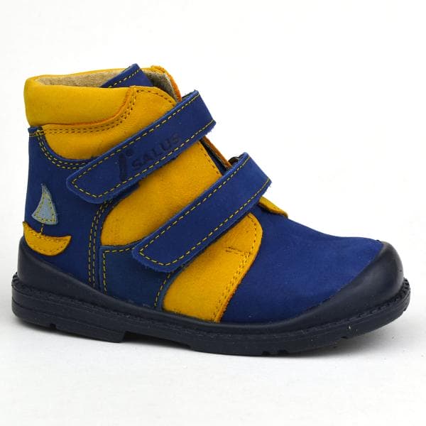 F90 Salus supinált cipő kék-sárga színben, hajóval az oldalán.jpg F90 Salus supinált cipő kék-sárga színben, hajóval az oldalán