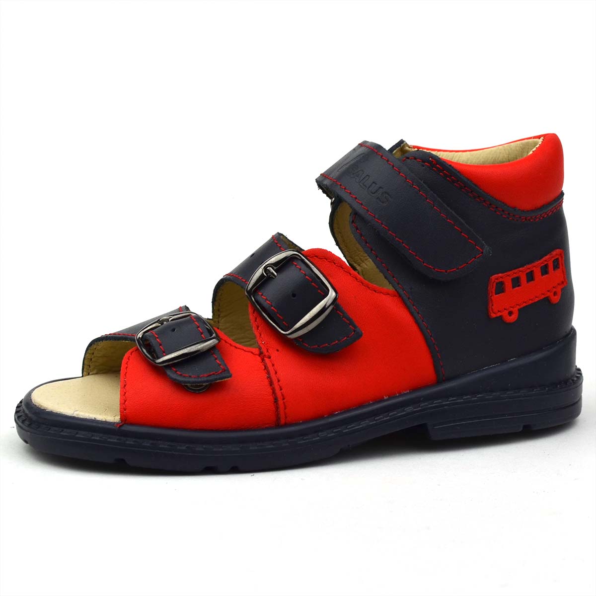 Fiú Flo 911 flexi supinált szandál kék-piros színben autóbusszal Fiú Flo 911 flexi supinált szandál kék-piros színben autóbusszal