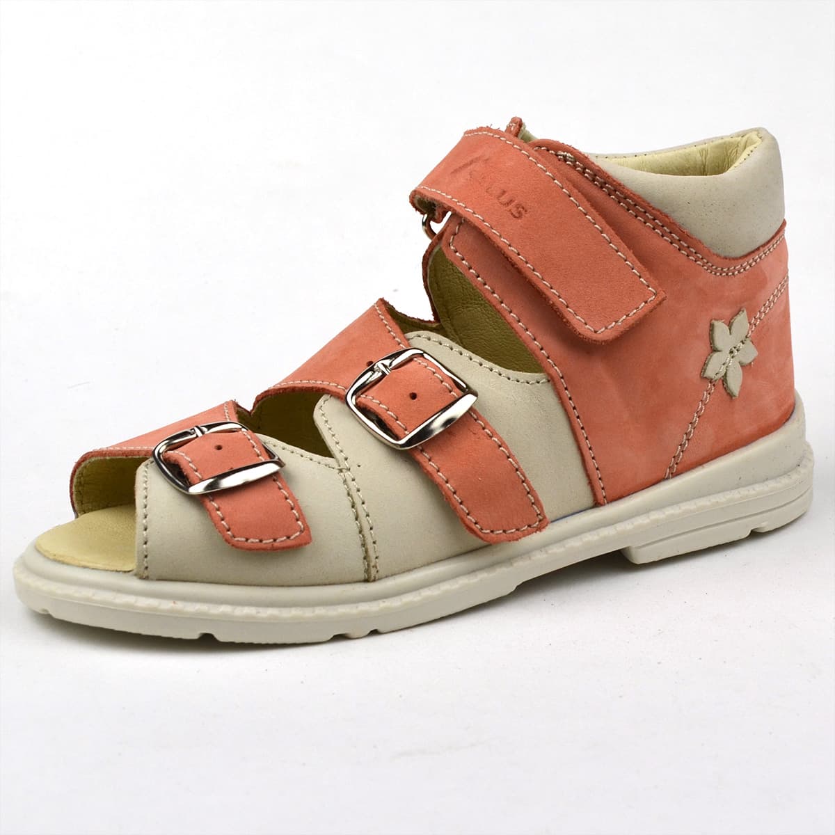 Flo-911 lányszandál narancs-drapp színben, kicsi virággal, oldalról Flo-911 lányszandál narancs-drapp színben, kicsi virággal, oldalról