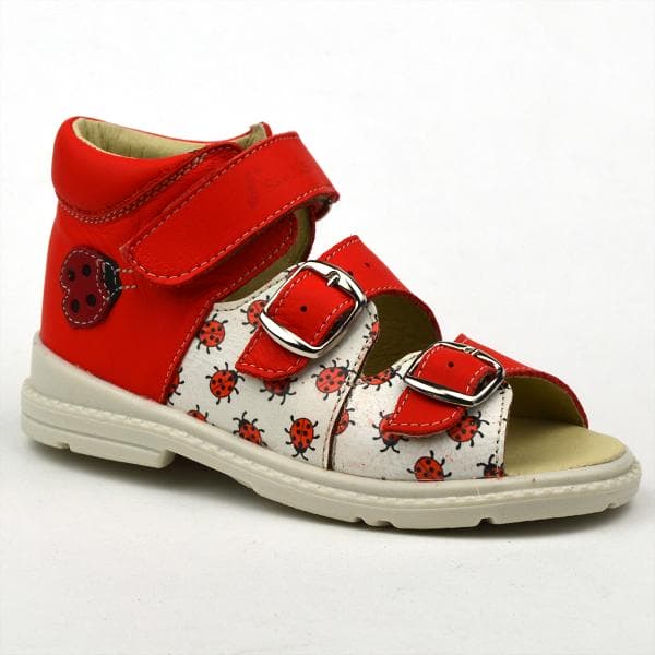Flo-911 lányszandál piros-drapp színben, katica mintával - oldalról Flo-911 lányszandál piros-drapp színben, katica mintával - oldalról