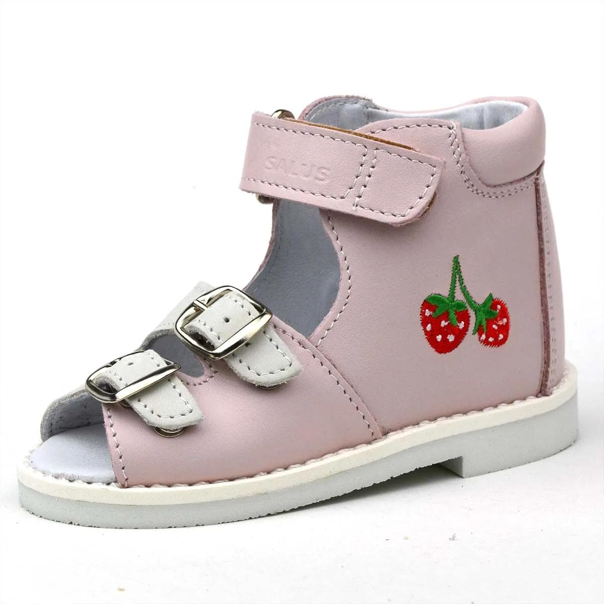 Kislány keskeny FLO-07 supinált szandál - rózsaszínű, hímzett eperrel az oldalán Kislány keskeny FLO-07 supinált szandál - rózsaszínű, hímzett eperrel az oldalán