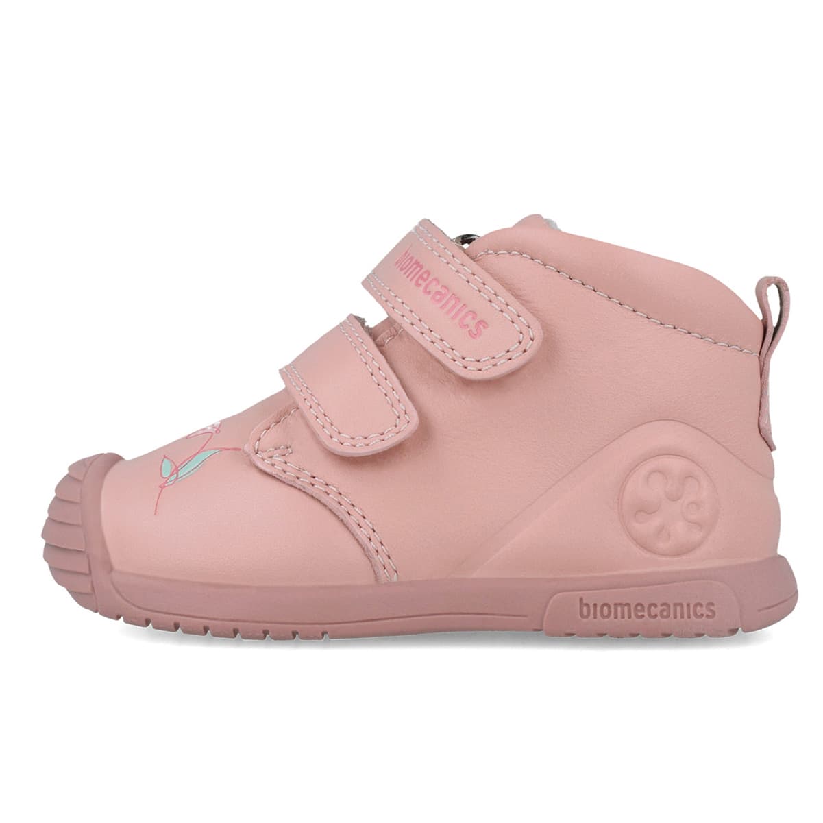 Rózsaszín bélelt babacipő festett virág mintával, külső oldal