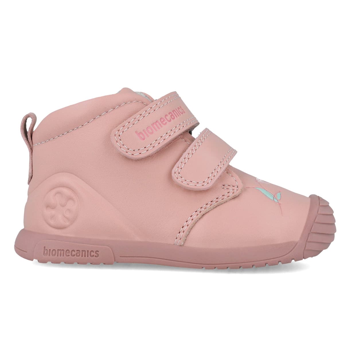 Rózsaszín bélelt babacipő festett virág mintával, belső oldal