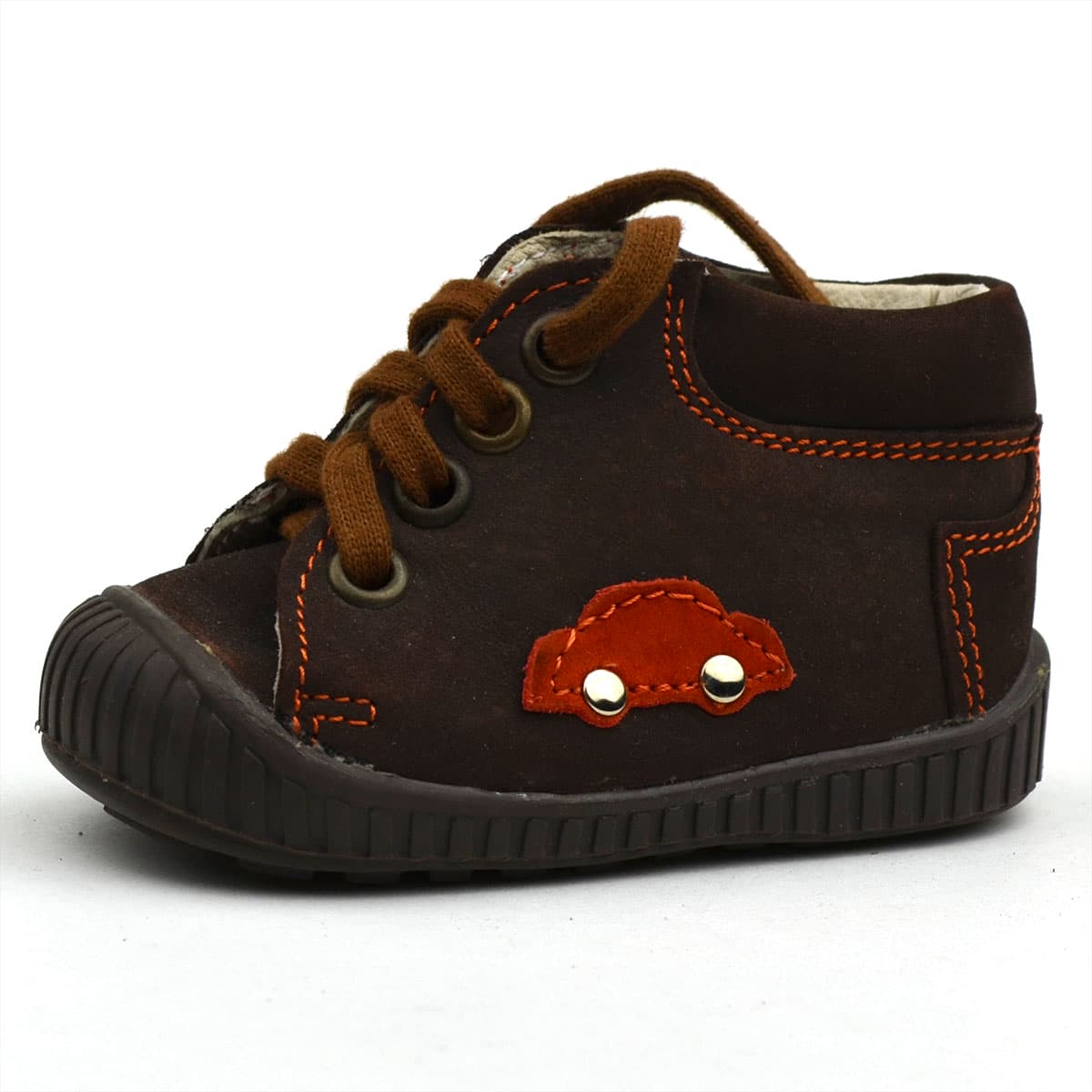 Maus fűzős első lépés cipő fiús sötétbarna - autóval
